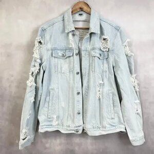 Manfinity Mens Denim Jacket M Distressed Ripped Grunge Light Wash Y2K Streetwear
